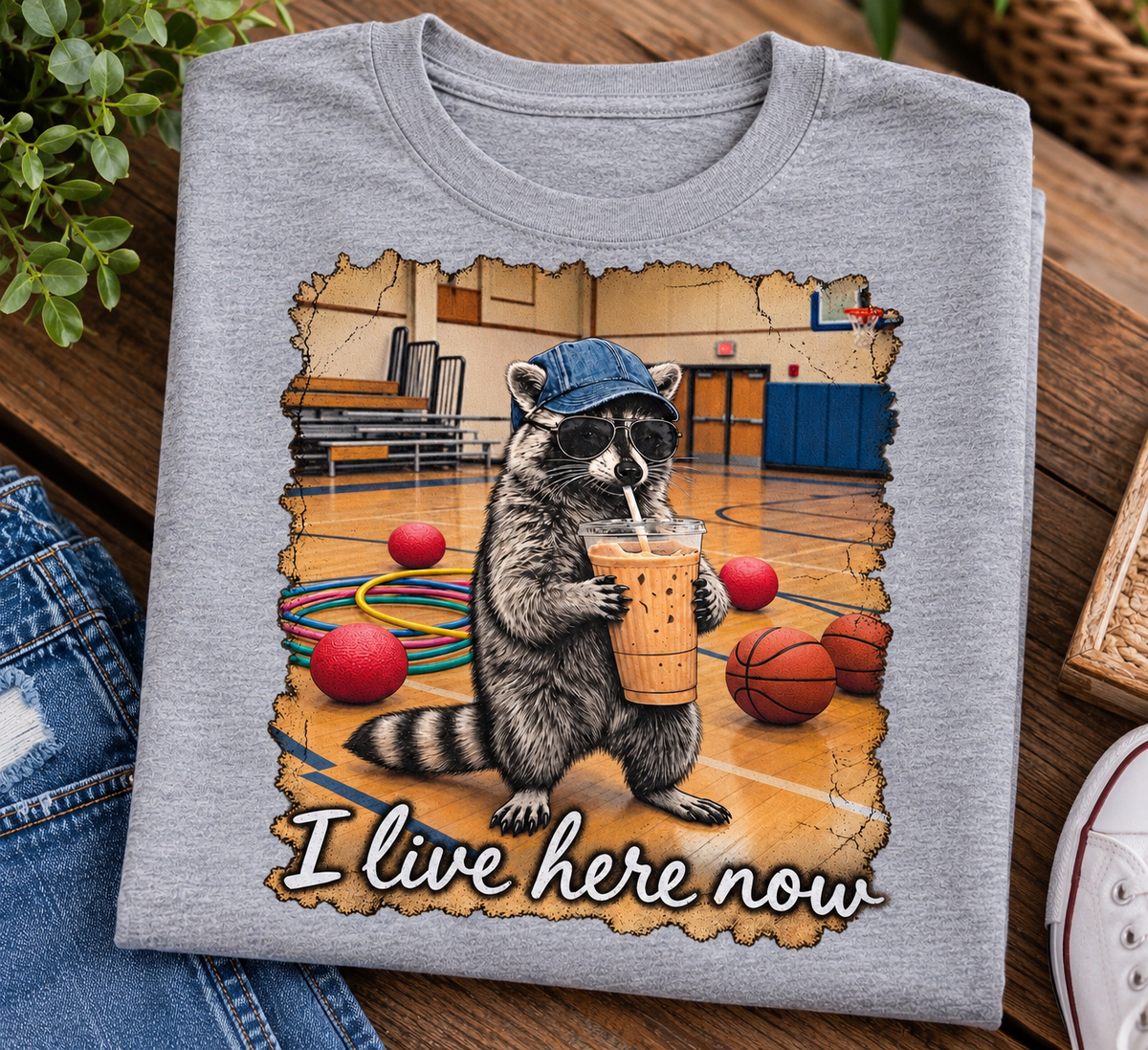 🦝 I Live Here Now-Funny School T-Shirt